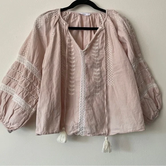 Mango Embroidered Linen Cotton Blouse Balloon  Sleeve washed pink sz med/6 - Picture 6 of 13